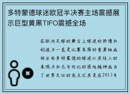 多特蒙德球迷欧冠半决赛主场震撼展示巨型黄黑TIFO震撼全场