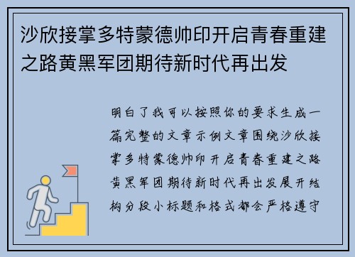 沙欣接掌多特蒙德帅印开启青春重建之路黄黑军团期待新时代再出发